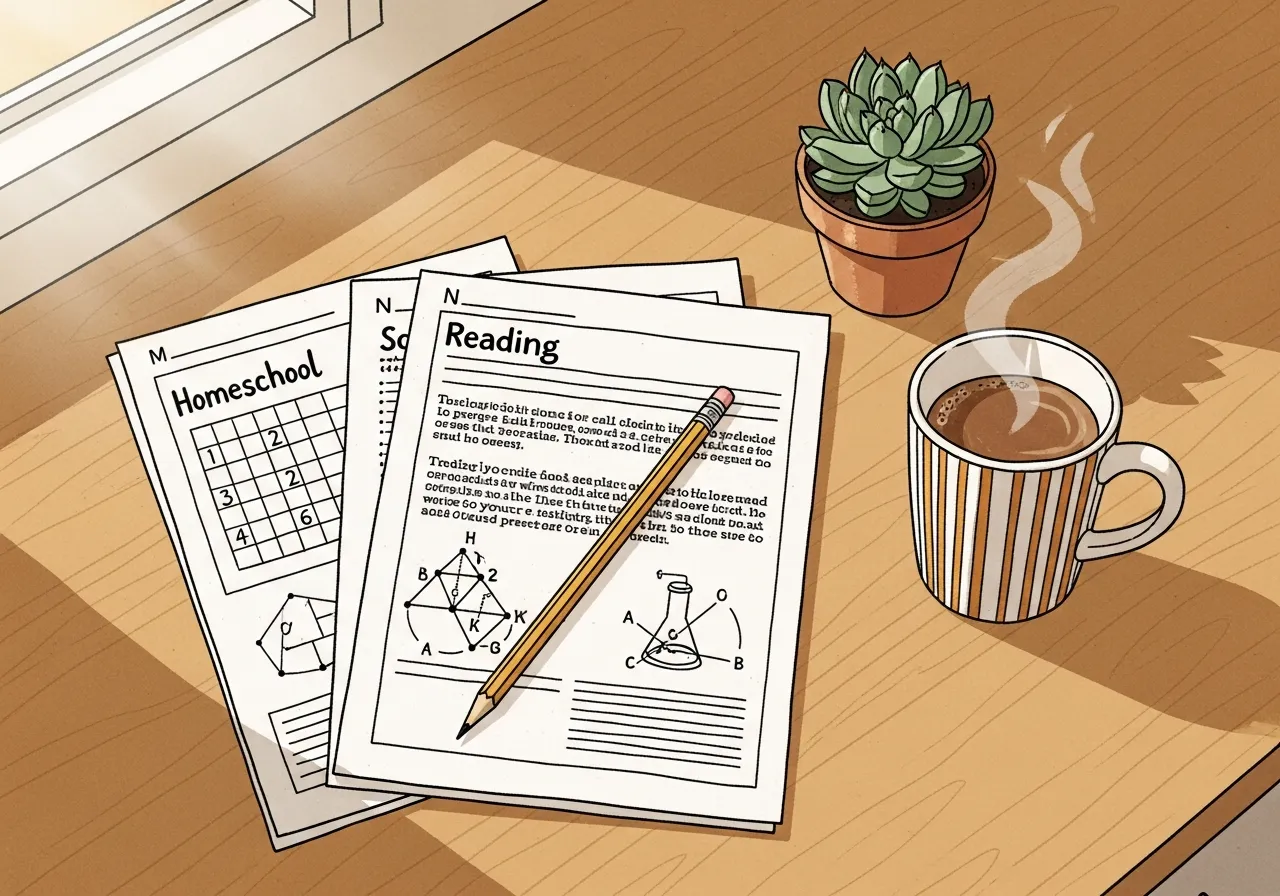 A homeschool table with printed worksheets, a pencil, a small plant, and a warm cup of coffee.